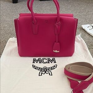 MCM Grained Calfskin Medium Milla Tote Beetroot Pink NEW